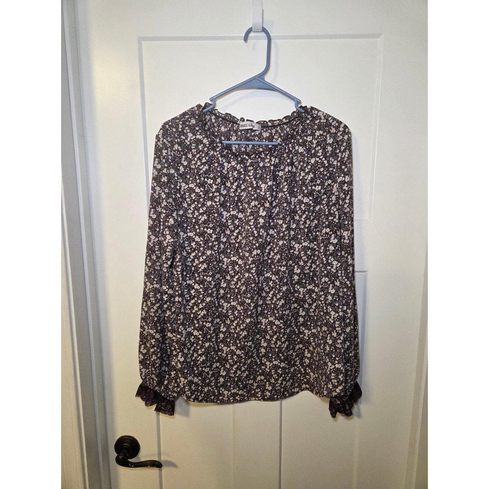 Grace Karin Purple Floral Ruffle Neck Blouse Lace Trim Long Sleeve Top XL